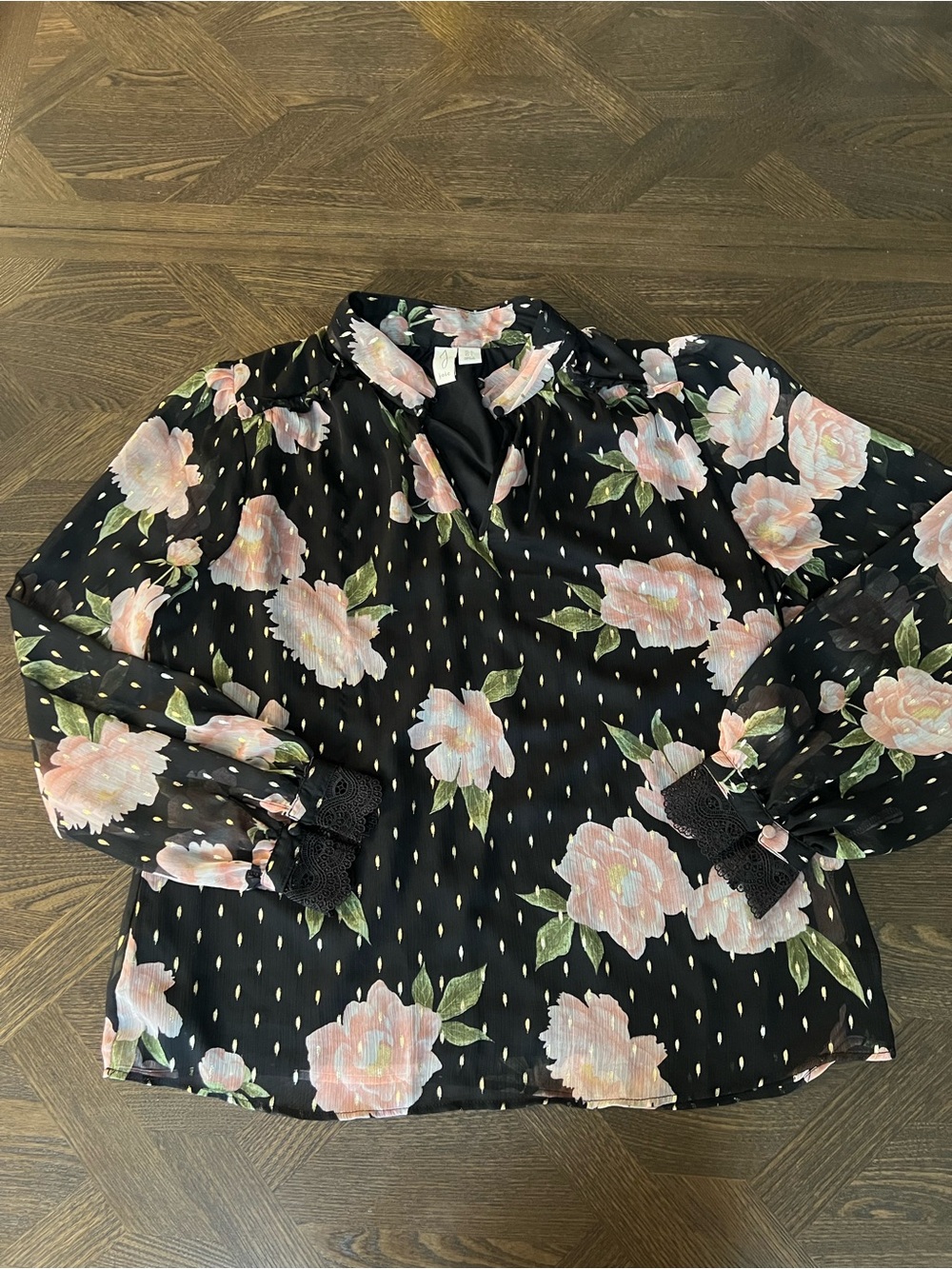 Joie Black Blouse with Pink Rose Print and Gold Teardrops